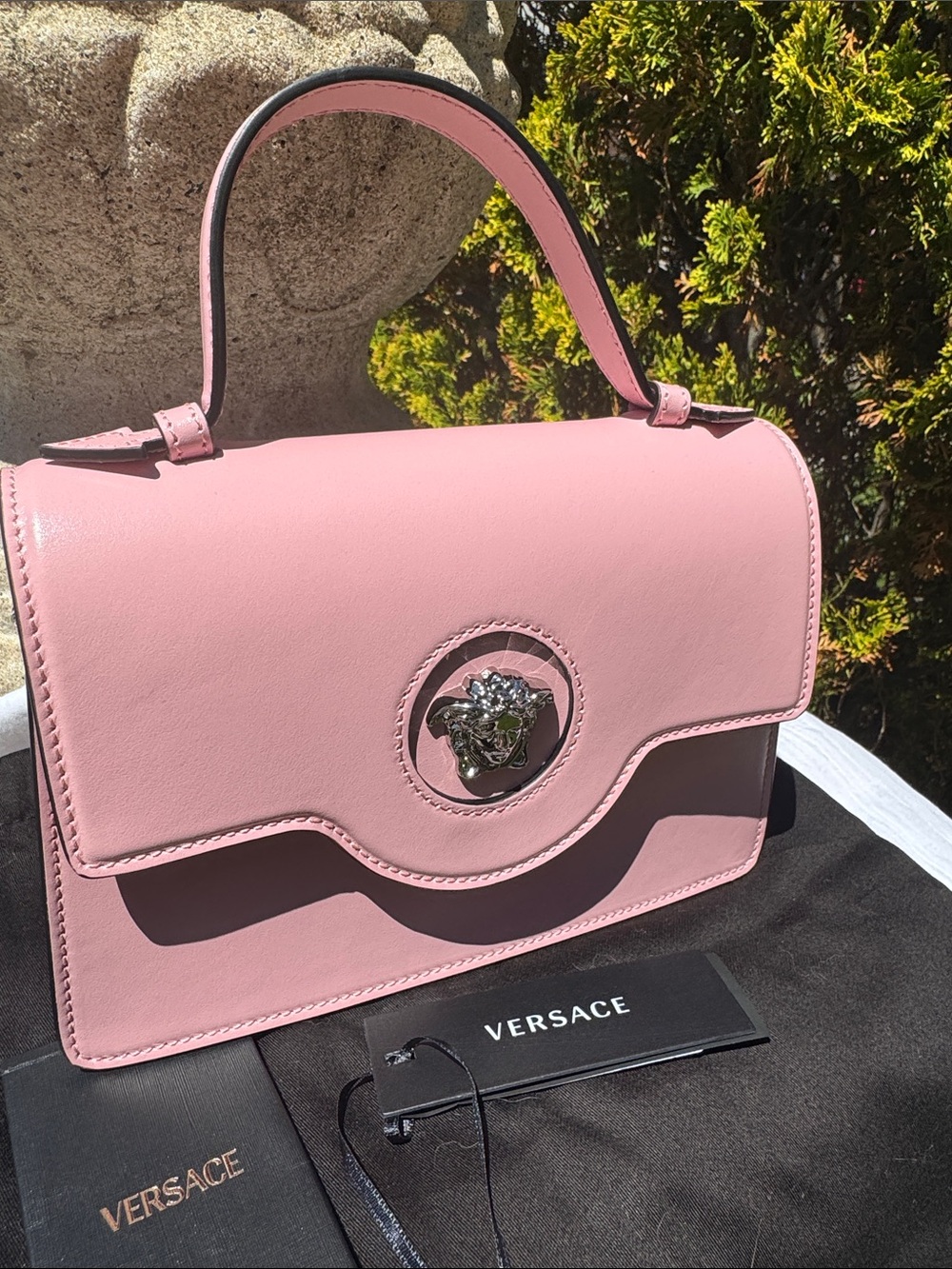 Versace Pink Leather Top-Handle Satchel with Silver Medusa, Calfskin Leather .Sm